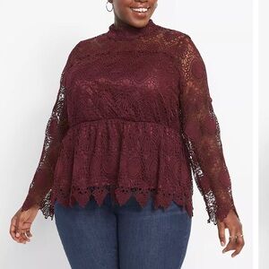 Mock-Neck Illusion
Lace Peplum Blouse Wine NWT 22W